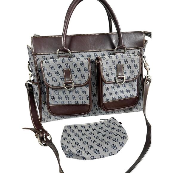 VTG Dooney & Bourke Monogram Double Pocket Tote Navy Canvas Leather Trim w Pouch - Picture 1 of 9